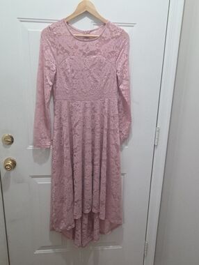 Women's Pink Lace Long-Sleeve High-Low Dress M